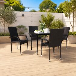 5 Piece Outdoor Garden Dining Set Black Steel Frame Rattan Chairs Glass Table
