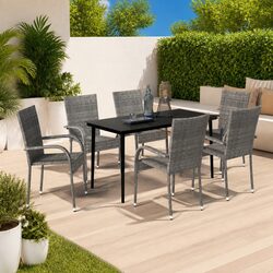 Outdoor Garden Dining Set 7 Piece Grey Black Steel Rattan Chairs Glass Table