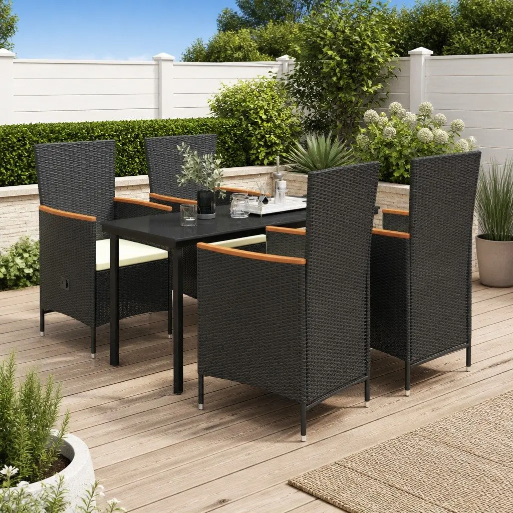 5 Piece Garden Dining Set Outdoor Patio Furniture Black Steel Rattan Chairs