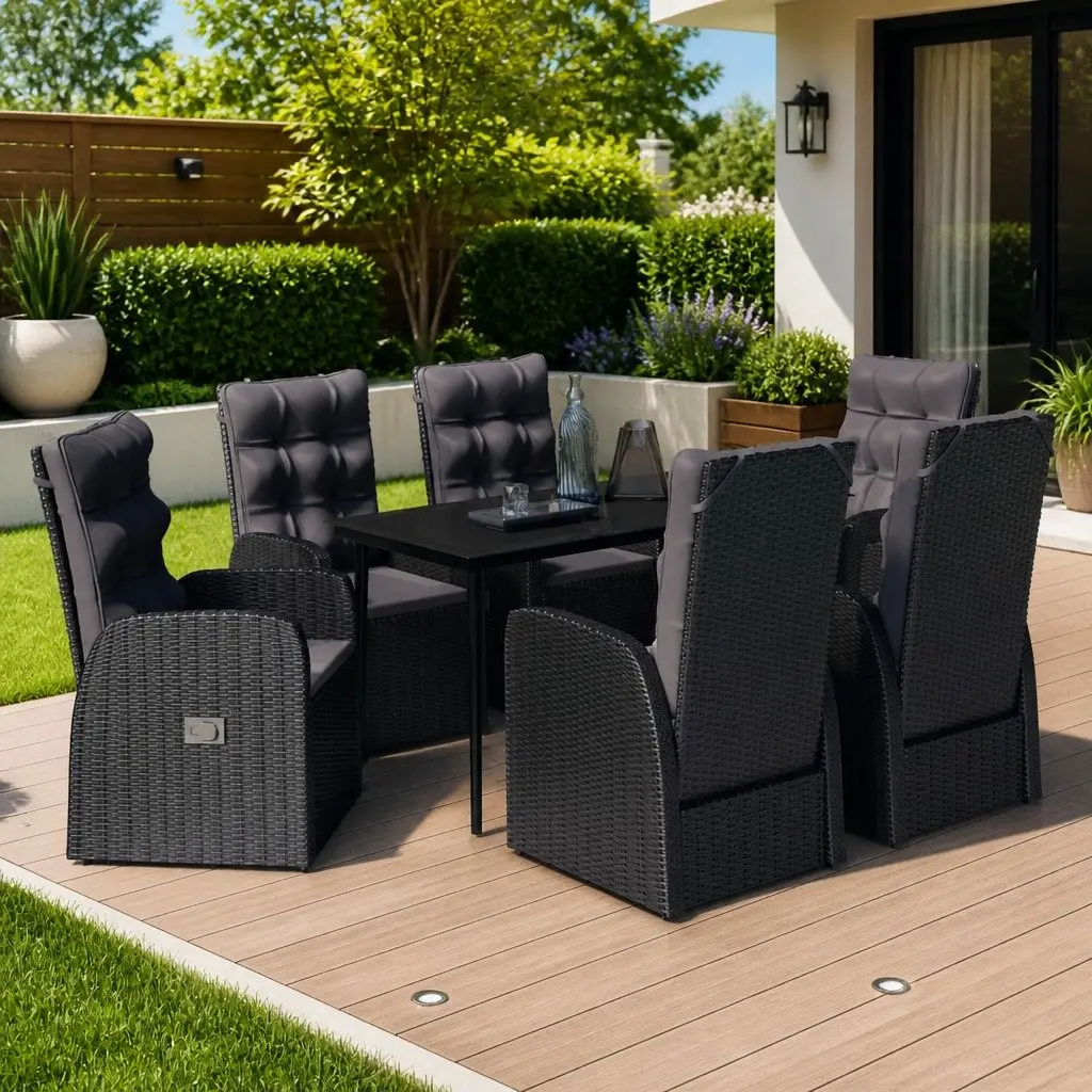 7 Piece Outdoor Garden Dining Set with Cushions Black PE Rattan and Powder-coated Steel