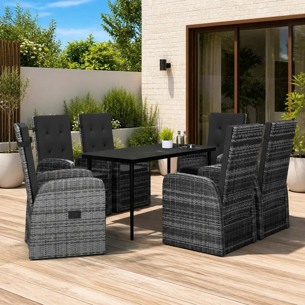 Garden Dining Set 7 Piece Outdoor Furniture Grey Powder-coated Steel Frames Water-resistant PE Rattan Chairs Adjustable Backrest and Footrest
