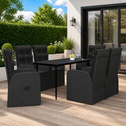 7 Piece Outdoor Garden Dining Set Black Rattan Chairs Glass Table Cushions