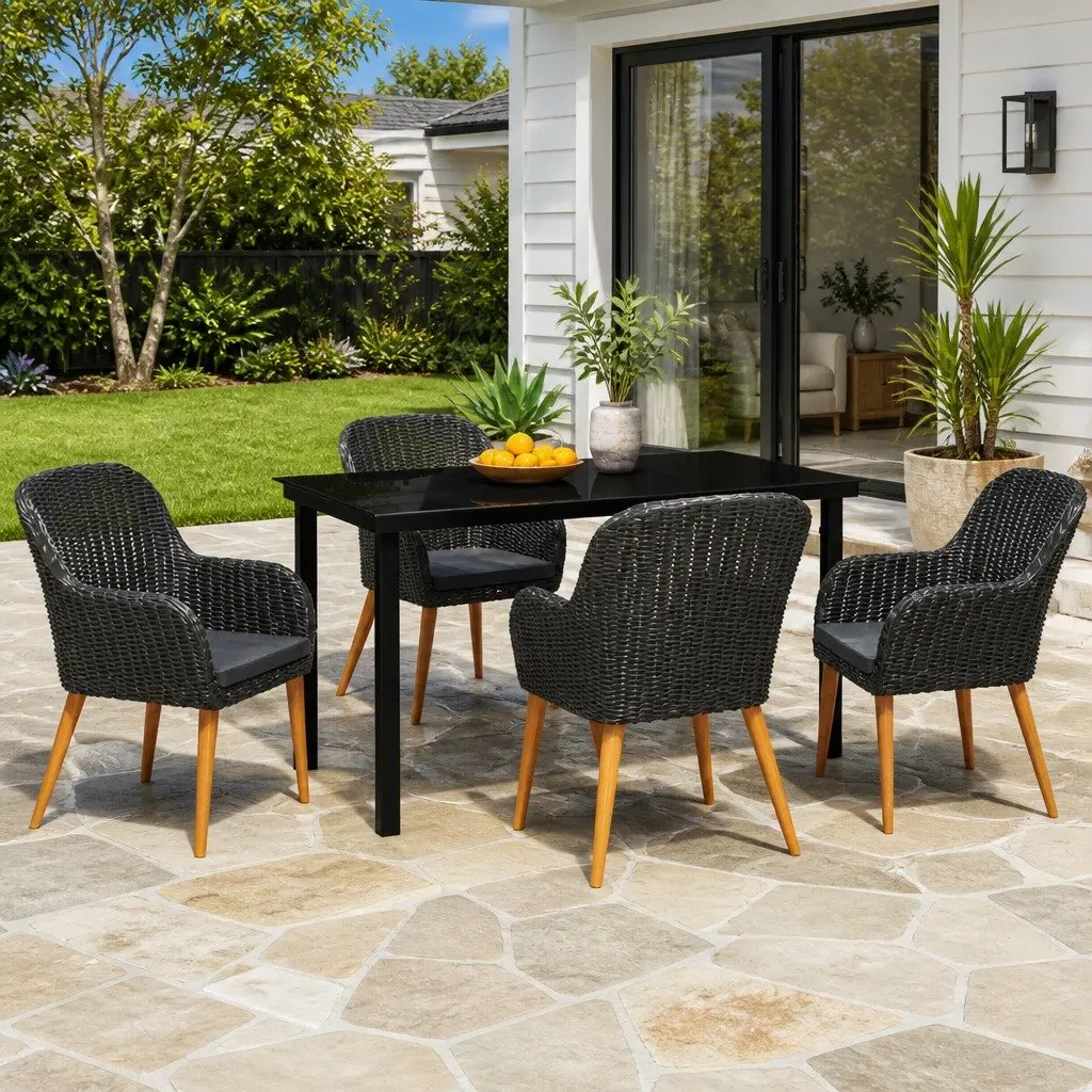 5 Piece Outdoor Garden Dining Set Black Rattan Chairs Glass Table with Cushions