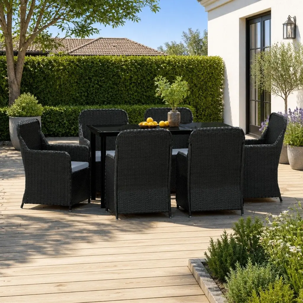 7 Piece Garden Dining Set Outdoor Patio Furniture Black Rattan Chairs Glass Table