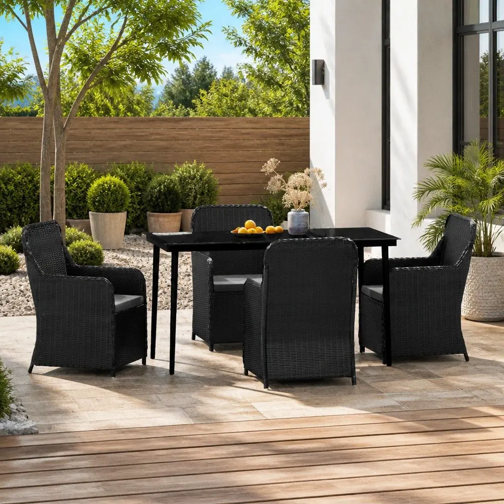 5 Piece Outdoor Dining Set Black Powder-Coated Steel Frame Water-Resistant PE Rattan Chairs with Cushions Glass Tabletop