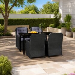 5 Piece Outdoor Garden Dining Set Black Steel Frame PE Rattan Chairs Glass Table