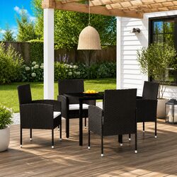 5 Piece Outdoor Garden Dining Set Black Steel Frame Glass Tabletop Patio