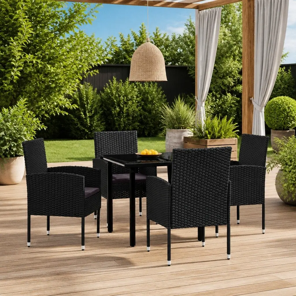 Garden Dining Set 5 Piece Outdoor Furniture Steel Frame Glass Table Black Rattan Chairs