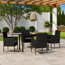 5 Piece Outdoor Garden Dining Set Black Steel Frame PE Rattan Chairs Glass Table
