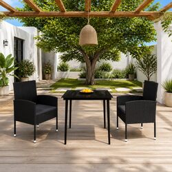 Outdoor Garden Dining Set 3 Piece Black Steel Frame Rattan Chairs Glass Table
