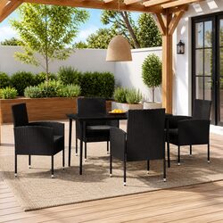5 Piece Outdoor Dining Set Black Steel Frame Glass Table Rattan Chairs Patio