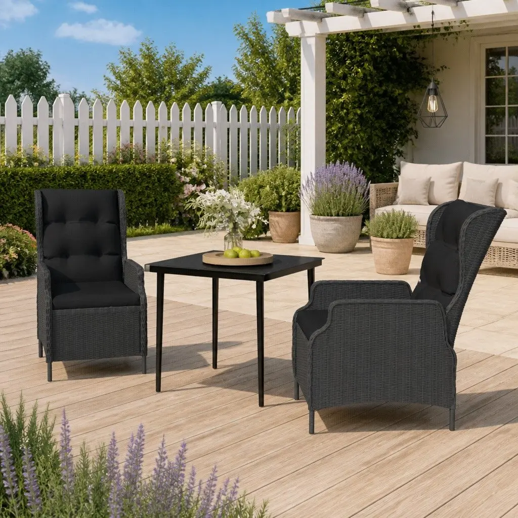 3 Piece Garden Dining Set Grey Reclining Chairs Glass Table Outdoor