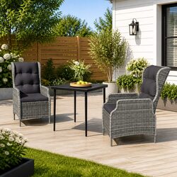 3 Piece Garden Dining Set Outdoor Patio Furniture Grey Reclining Chairs Glass