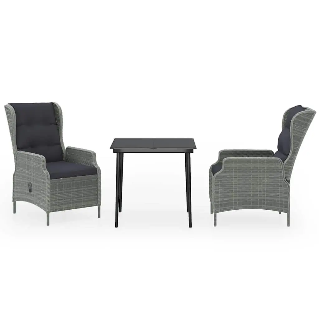 3 Piece Garden Dining Set Outdoor Patio Furniture Grey Reclining Chairs Glass Top