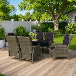 7 Piece Outdoor Garden Dining Set Brown Reclining Chairs Glass Table Patio