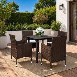 5 Piece Outdoor Garden Dining Set Brown Rattan Chairs Glass Table Patio