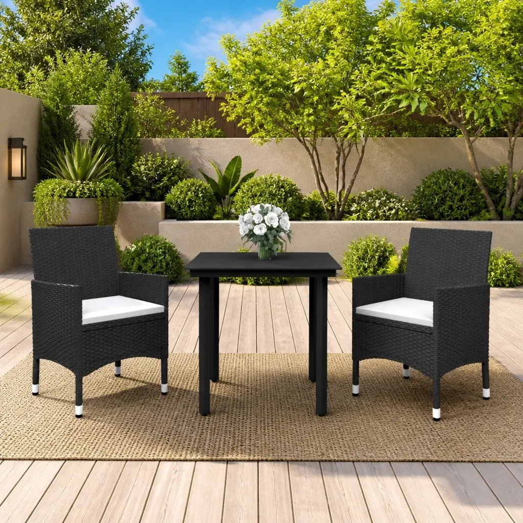 Outdoor Dining Set 3 Piece Garden Furniture Black PE Rattan Glass Table Chairs