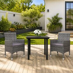 3 Piece Outdoor Garden Dining Set with Glass Table and Rattan Chairs Grey