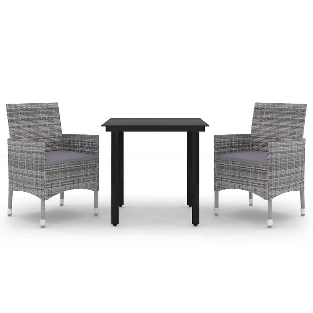 3 Piece Outdoor Garden Dining Set Glass Table Rattan Chairs Grey