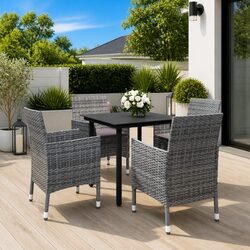 5 Piece Outdoor Garden Dining Set Glass Table Poly Rattan Chairs Grey