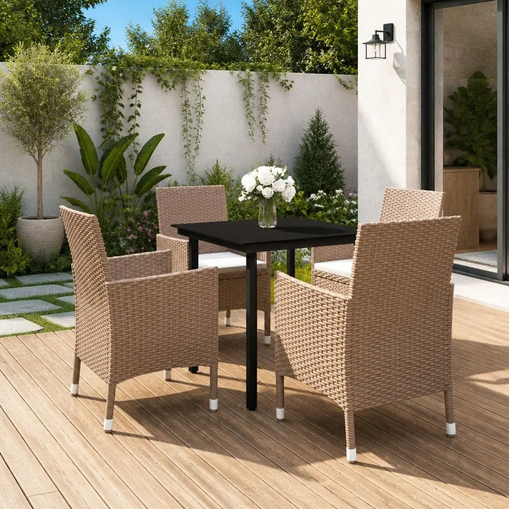 Garden Dining Set 5 Piece Outdoor Furniture PE Rattan Chairs Table Cushions Beige