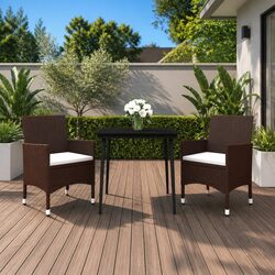 Garden Dining Set 3 Piece Outdoor Furniture Brown Poly Rattan Glass Table Chairs