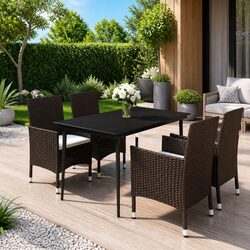 5 Piece Outdoor Dining Set Garden Furniture Poly Rattan Chairs Glass Table Brown