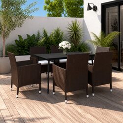 7 Piece Outdoor Dining Set Brown PE Rattan Glass Table Chairs Cushions Garden