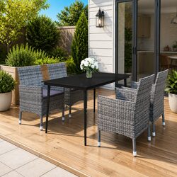 Garden Dining Set 5 Piece Poly Rattan Chairs Glass Table Grey Outdoor Furniture