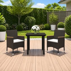 Outdoor Dining Set 3 Piece Black Garden Furniture Glass Table Poly Rattan Chairs