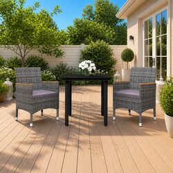 Garden Dining Set 3 Piece Outdoor Furniture Grey PE Rattan Chairs Glass Table