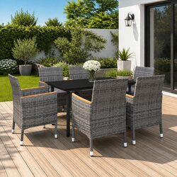7 Piece Outdoor Dining Set Grey PE Rattan Chairs Glass Table Cushions Garden