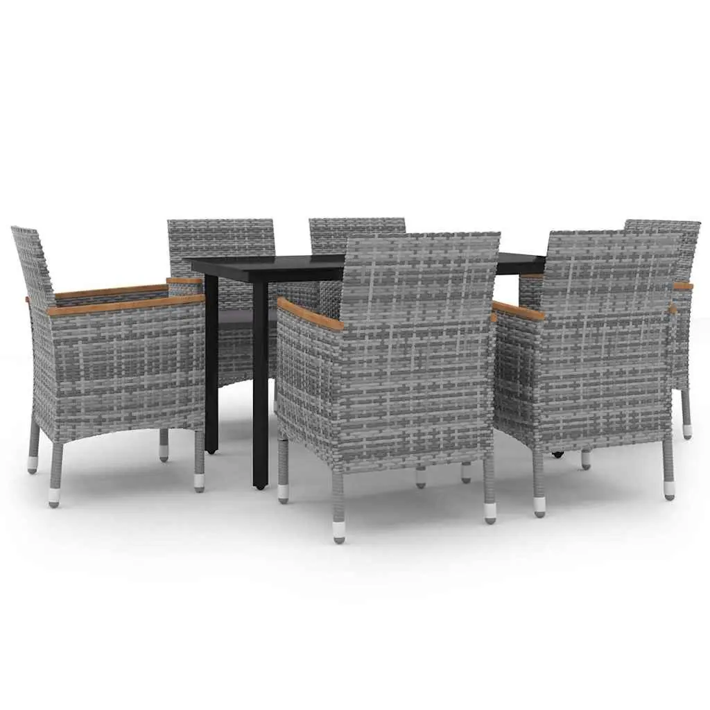 7 Piece Outdoor Dining Set Grey PE Rattan Chairs Glass Table