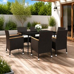 Garden Dining Set 7 Piece Outdoor Patio Furniture Poly Rattan Glass Table Chairs