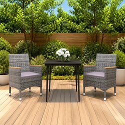 Garden Dining Set 3 Piece Outdoor Furniture Grey Poly Rattan Glass Table Chairs