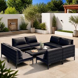 Garden Lounge Set 9 Piece Outdoor Patio Furniture Grey with Cushions Rattan