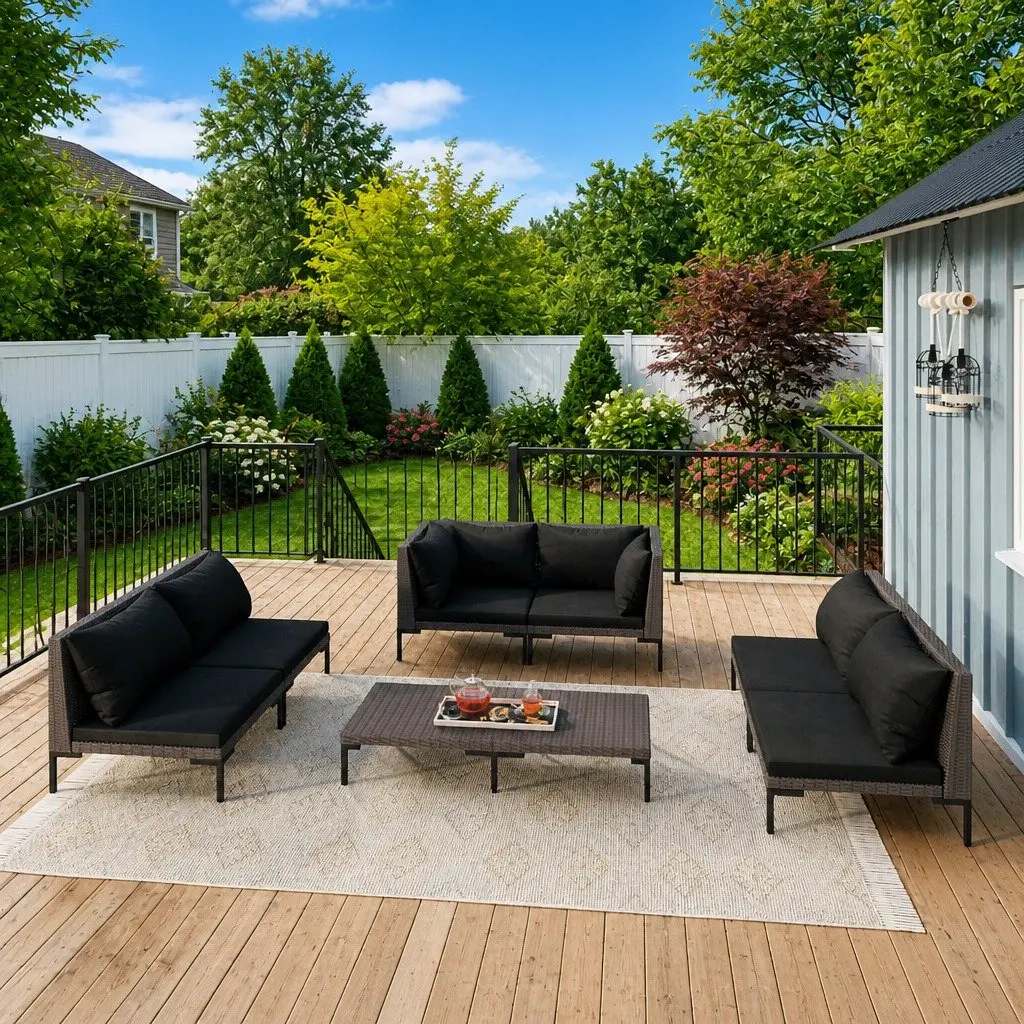 7 Piece Outdoor Garden Lounge Set Grey Rattan Patio Furniture with Cushions