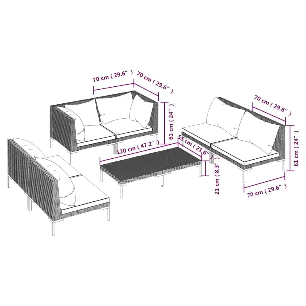7 Piece Outdoor Garden Lounge Set Grey Rattan Patio Furniture with Cushions