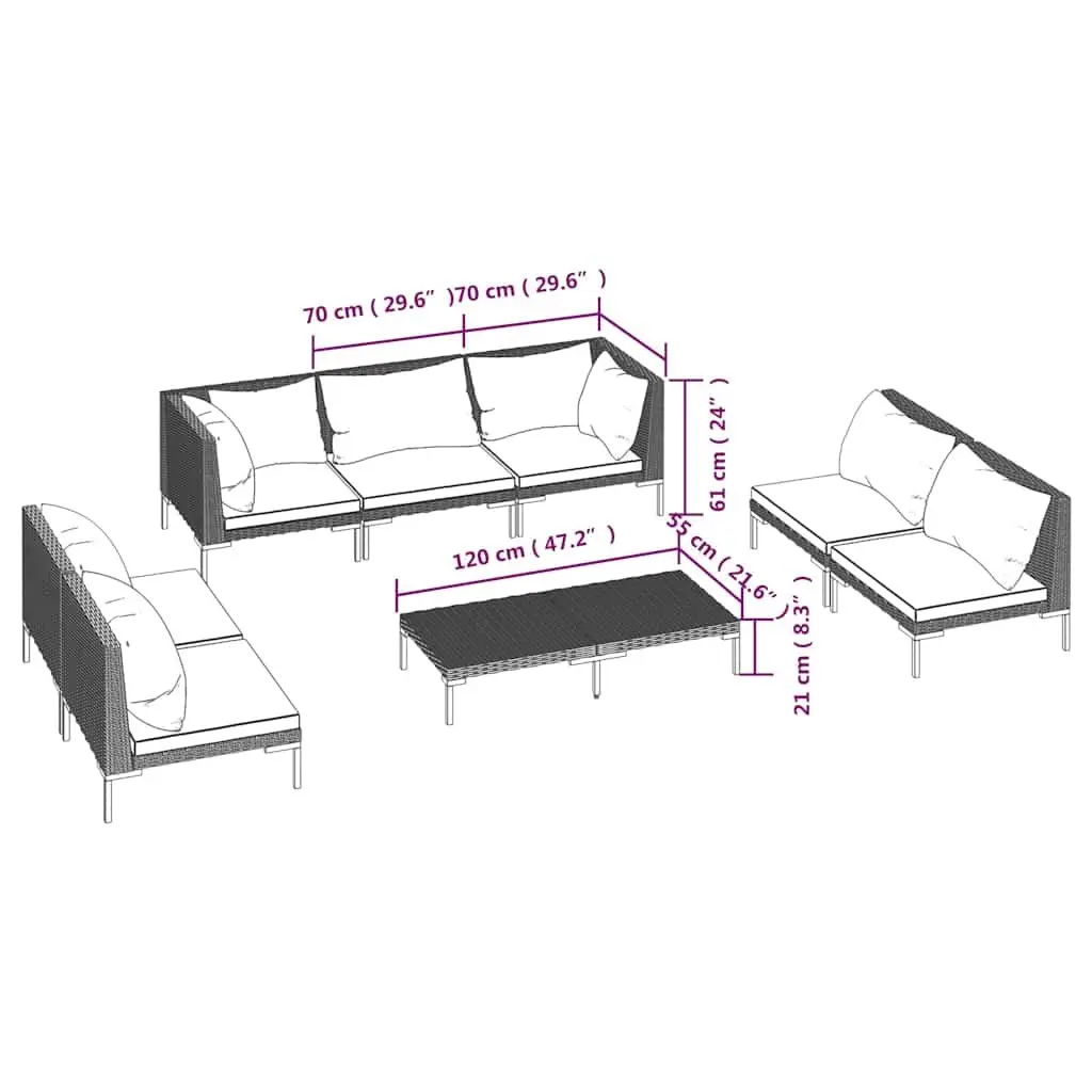 Garden Lounge Set 8 Piece Outdoor Furniture Grey Rattan Sofa with Cushions