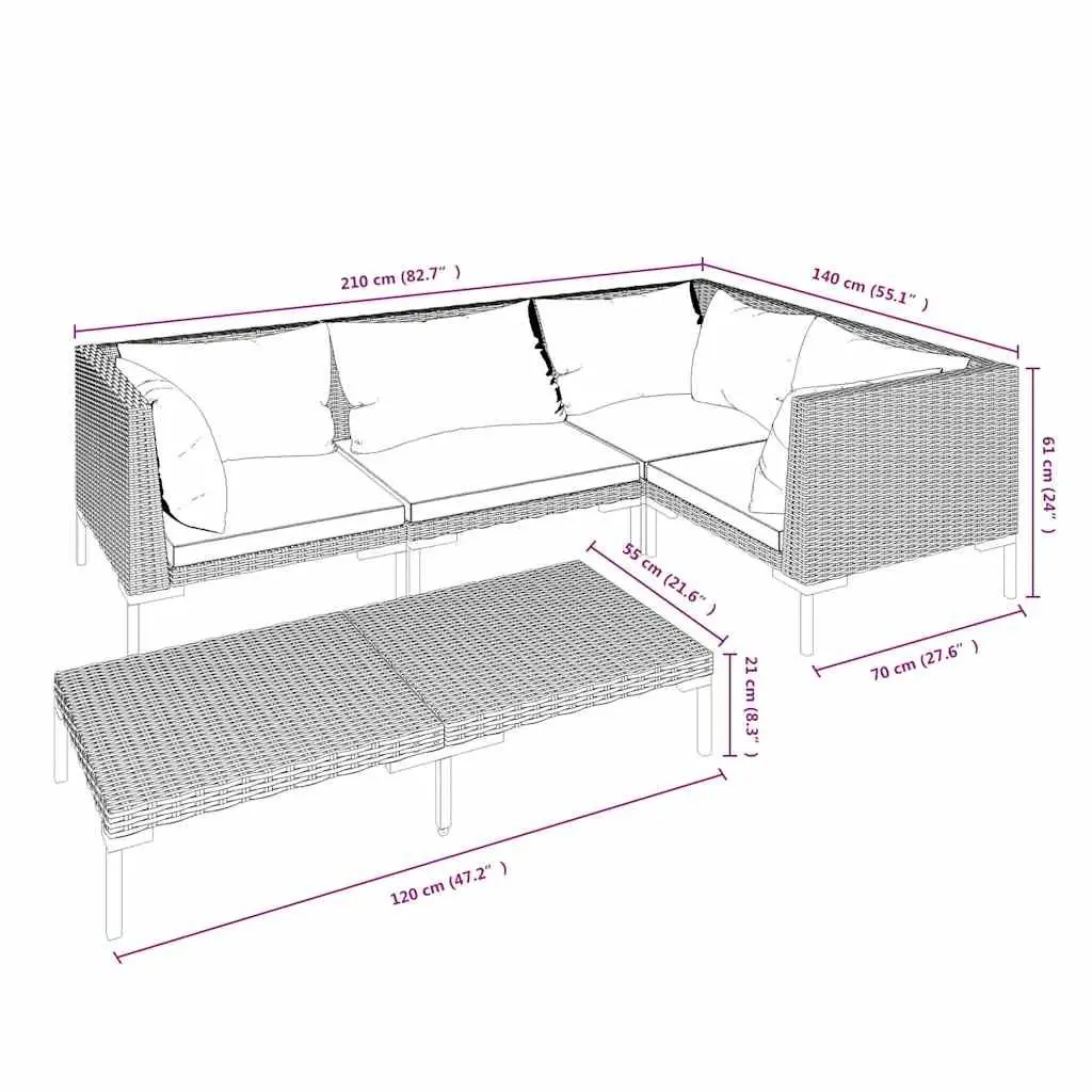 5 Piece Garden Lounge Set Poly Rattan Outdoor Patio Furniture with Cushions Grey