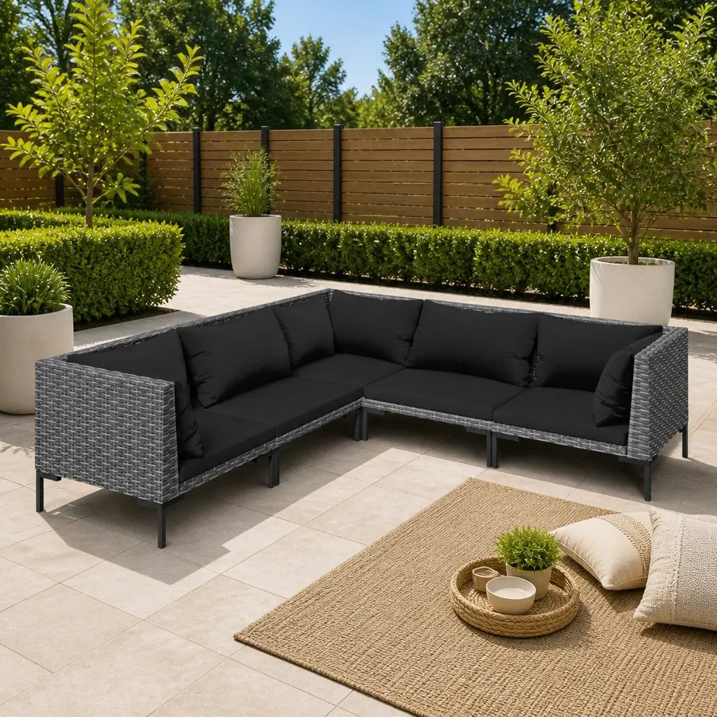 5 Piece Garden Lounge Set Outdoor Patio Furniture with Cushions Poly Rattan Grey