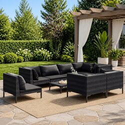 Garden Lounge Set 9 Piece Outdoor Furniture Grey PE Rattan Patio Sofa with