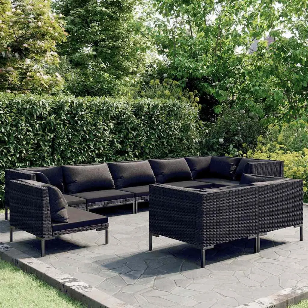 9 Piece Garden Lounge Set Round Rattan Outdoor Furniture Grey Cushions Patio