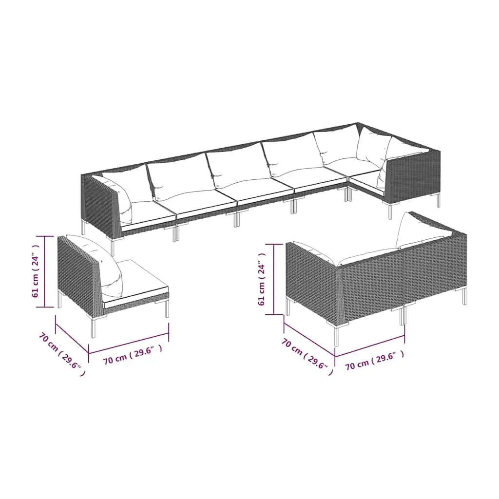 9 Piece Garden Lounge Set Round Rattan Outdoor Furniture Grey Cushions Patio