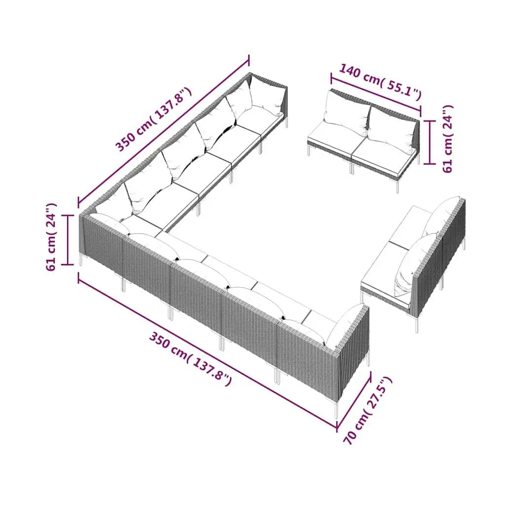 13 Piece Garden Lounge Set Grey Outdoor Patio Furniture Poly Rattan with