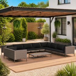Garden Lounge Set 11 Piece Outdoor Furniture Grey Poly Rattan Patio Sofa with