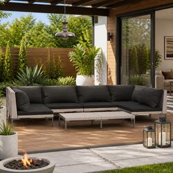7 Piece Outdoor Garden Lounge Set Grey Poly Rattan Patio Furniture with Cushions