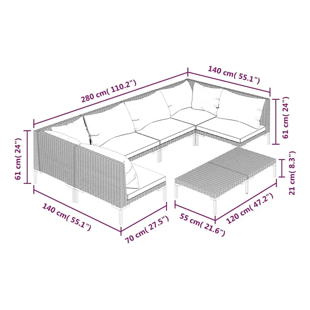 7 Piece Outdoor Garden Lounge Set Grey Poly Rattan Patio Furniture with Cushions