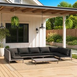 Garden Lounge Set 8 Piece Outdoor Patio Furniture Grey Rattan Sofa with Cushions