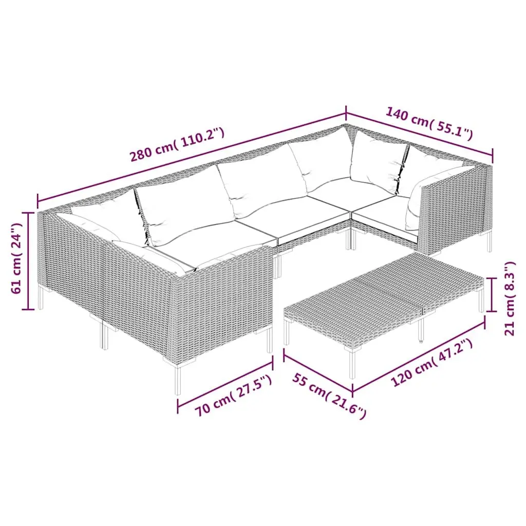 7 Piece Garden Lounge Set Outdoor Patio Furniture Powder-Coated Steel Frame Weather-Resistant Half-Round PE Rattan Grey with Cushions